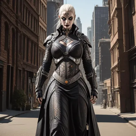 science fiction theme, <lora:Gothic_Outfit:1> gothout, a medium shot of woman with facial tattoos standing in a futuristic city holding a gun