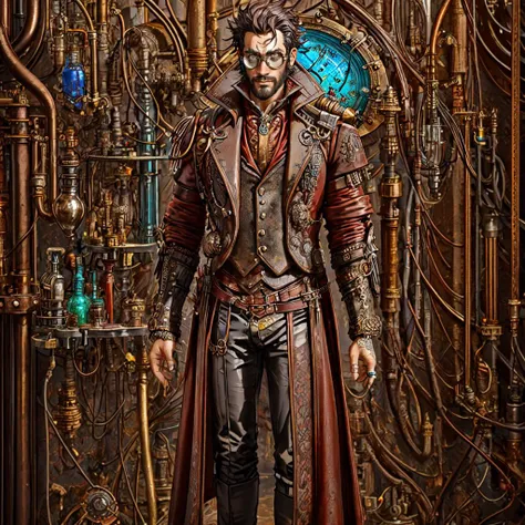 steampunk, <lora:Gothic_Outfit:1> gothout, a man standing in a mad scientist's laboratory, glass, metal, neon