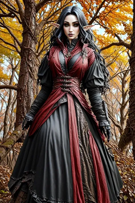 fantasy theme,  <lora:Gothic_Outfit:1> gothout, a female elf in a forest