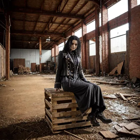 <lora:Gothic_Outfit:1> gothout, a woman sitting on a wooden crate in a dark abandoned warehouse, clutter, dirty,
