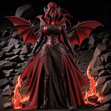 <lora:Gothic_Outfit:1> gothout, a succubus with red glowing eyes in a stone dungeon