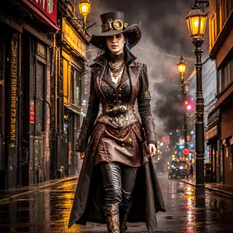 steampunk, <lora:Gothic_Outfit:1> gothout, a woman walking on a dark steamy urban street with neon lights, rain, night, streetlights, steam, sparks