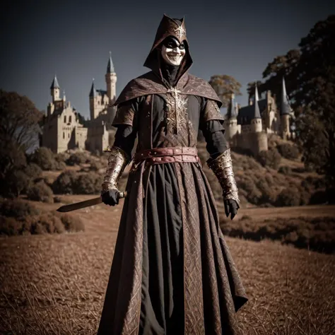 medieval theme,  <lora:Gothic_Outfit:1> gothout, a slender man holding a sword in front of a castle, grinning, evil grin