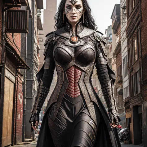 science fiction theme, <lora:Gothic_Outfit:1> gothout, a medium shot of woman with facial tattoos standing in a futuristic city street