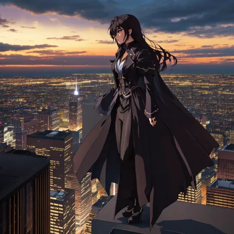 a night scene, <lora:Gothic_Outfit:1> gothout, a woman standing on the edge of a tall building at night overlooking a city, darkness, midnight