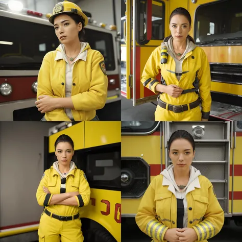 <lora:lyxvnc:1> woman, firefighter, yellow firefighter uniform