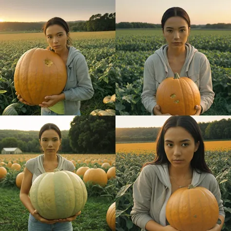 <lora:lyxvnc:1> woman, tan skin, holding big pumpkin, green field, dusk