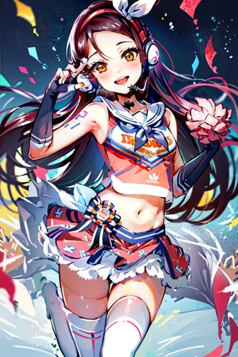 (masterpiece, best qualiy), illustration, <lora:rikolovelivev5:1>, sakurauchi riko, 1girl, long hair, yellow eyes, half updo, hairclip, smile, looking at viewer, sakurauchi riko (cheerleader), cheerleader, clothes writing, pink crop top, white hairband, headphones, pink miniskirt, print, white thighhighs, white bow, blue gloves, fingerless gloves, microphone, confetti, smile, ;d, looking at viewer, from above, night, simple background, open mouth