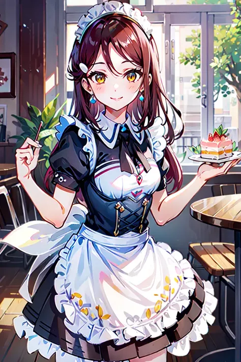 (masterpiece, best qualiy), illustration, <lora:rikolovelivev5:0.6>, sakurauchi riko, 1girl, long hair, yellow eyes, half updo, hairclip, (maid, maid headdress, cafe), smile, looking at viewer, sweets, strawberry, cake, macaron