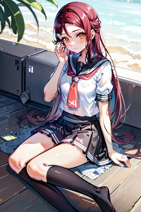 (masterpiece, best qualiy), illustration, <lora:rikolovelivev5:1>, sakurauchi riko, 1girl, solo, long hair, yellow eyes, half updo, hairclip, sakurauchi riko (summer), summer uniform, pink neckwear, grey sailor collar, grey skirt, tie clip, black socks