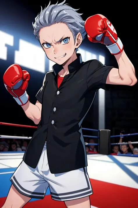masterpiece, best quality, solo, 1boy, looking at viewer, smirk <lora:Ketia_Fp:1>, ketiadesu2, school uniform, shorts, boxing gloves, boxing ring,