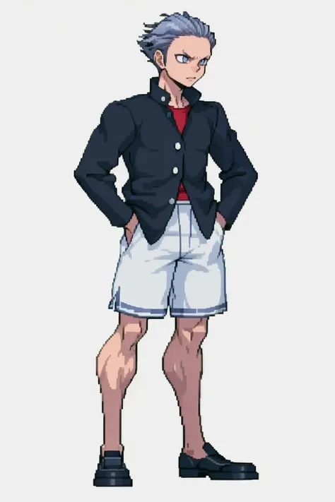 masterpiece, best quality, solo, 1boy, <lora:Ketia_Fp:1>, ketiadesu2, school uniform, shorts, <lora:Cps2V3test_Fp:0.8>, simple background, full body, (skinny), standing, hand in pocket,