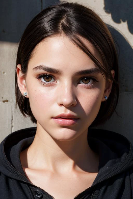 Photo portrait of a pensive young brunette woman with sparkling eyes, detailed skin, (half her face concealed in shadow:1.4), tight close up on face,dark background, side lighting revealing her gaze,eye level, in the style of Nathan Wirth