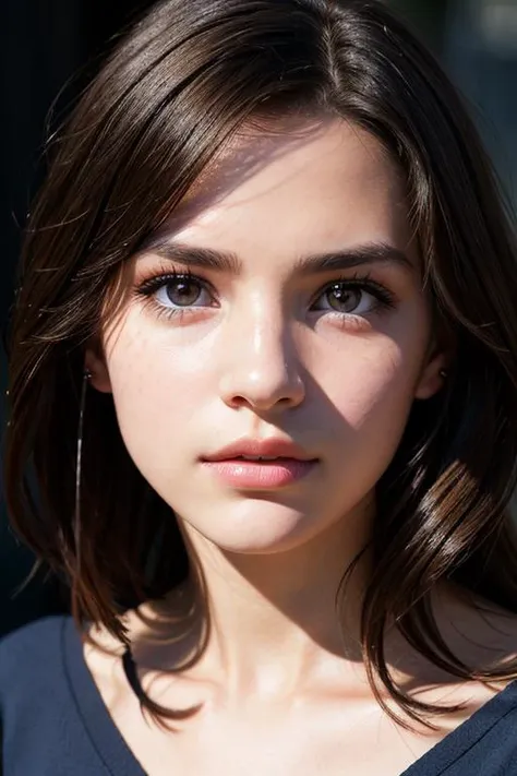 Photo portrait of a pensive young brunette woman with sparkling eyes, detailed skin, (half her face concealed in shadow:1.4), tight close up on face,dark background, side lighting revealing her gaze,eye level, in the style of Nathan Wirth