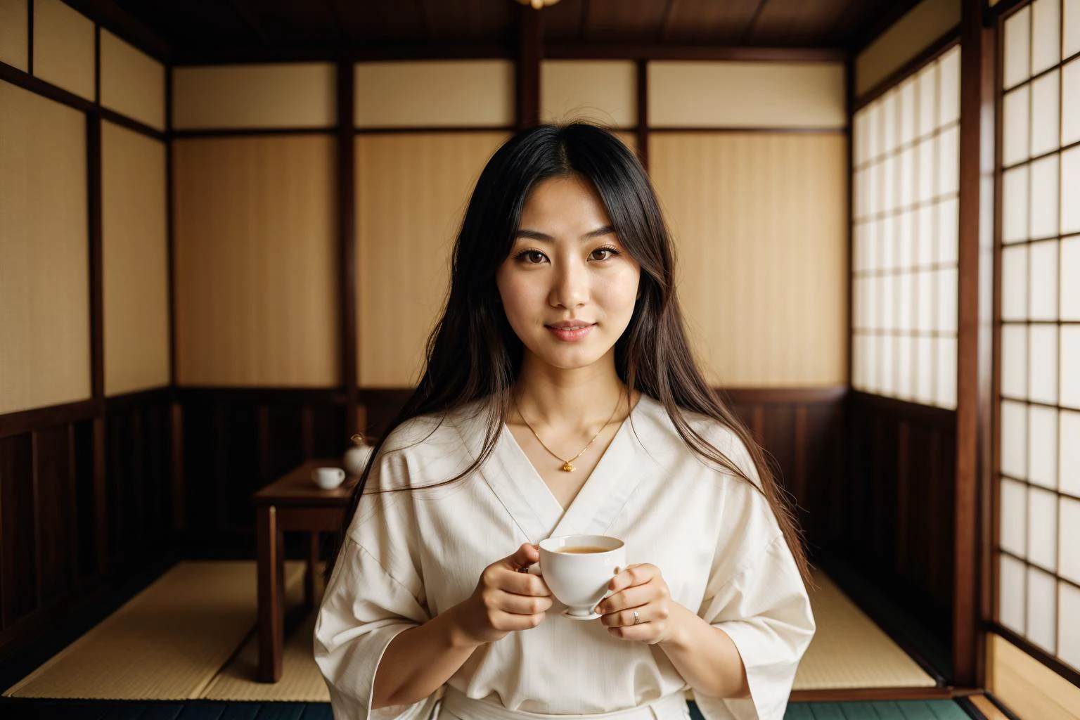 Lifestyle photography photo of a young pretty Japanese woman, with long, black, straight hair, pouring tea in a traditional tea ceremony, looking at viewer, upper body framing, in a Japanese tea room, symmetrical background, under (natural lighting:1.3), shot at eye level, on a Sony A7111, with a (soft focus filter:1.3),( in the style of Wes Anderson:1.3), <lora:skinny_new_skin:.1> detailed skin, <lora:detailed_eye:.2>