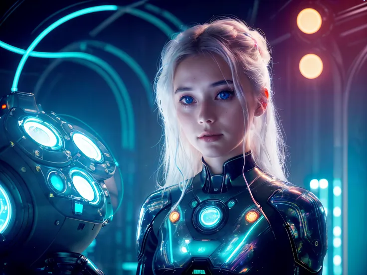 (masterpiece), (Abstract:1.1) photo of a cute 25 y.o Swedish woman with open silver hair, interacting with holographic interfaces, upper body, in a sci-fi inspired setting, under (neon lighting:1.1), on a RED digital cinema camera, with a bokeh filter, (in the style of Hayao Miyazaki:1.3)