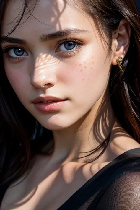 Photo portrait of a pensive young brunette woman with sparkling eyes, detailed skin, (half her face concealed in shadow:1.4), tight close up on face,dark background, side lighting revealing her gaze,eye level, in the style of Nathan Wirth