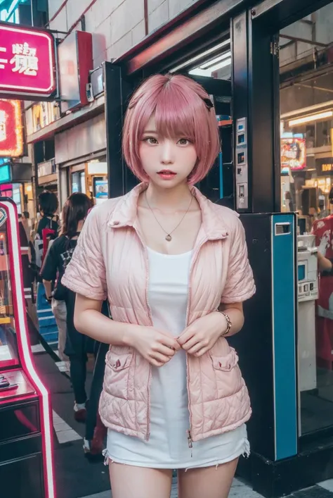 (masterpiece, best quality:1.2), beautiful, (RAW, analog, Canon 28 mm, award winning glamour photograph, realistic), fine details, 8k, uhd, realistic, photo-realistic, clear, highres, high detail, sharp focus, aesthetic, extremely detailed, max detail, elegant, sharp focus, HDR, high quality,
BREAK,
real world, (ultra detailed), intricate details, natural lights, perfect lighting, <lora:InstantPhotoX3:0.2>, <lora:add_detail:0.5>, (front view, front face, facing viewer, full shot, looking at viewer, standing, model posing:1.2),
BREAK
1girl, she is young Japanese girl, (pink hair, short hair, bangs, full body, medium tits:1.3), (extremely detailed body, extremely detailed skin), (she is wearing quilted jacket over the t-shirts, high heels, necklace, bangle:1.2),
BREAK
(Vending Arcade Concept, arcade machine, anime game, video game arcade, outdoors), (EnakoV1), <lora:EnakoV1:1>,