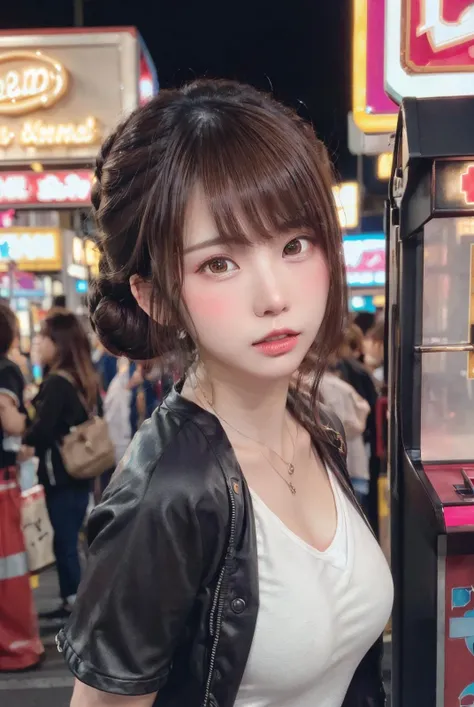 (masterpiece, best quality:1.2), beautiful, (RAW, analog, Canon 28 mm, award winning glamour photograph, realistic), fine details, 8k, uhd, realistic, photo-realistic, clear, highres, high detail, sharp focus, aesthetic, extremely detailed, max detail, elegant, sharp focus, HDR, high quality,
BREAK,
real world, (ultra detailed), intricate details, natural lights, perfect lighting, <lora:InstantPhotoX3:0.2>, <lora:add_detail:0.5>, (front view, front face, facing viewer, full shot, looking at viewer, standing, model posing:1.2),
BREAK
1girl, she is young Japanese girl, (brown hair, updo hair, bangs, full body, medium tits:1.3), (extremely detailed body, extremely detailed skin), (she is wearing quilted jacket over the t-shirts, high heels, necklace, bangle:1.2),
BREAK
(Vending Arcade Concept, arcade machine, anime game, video game arcade, outdoors), (EnakoV1), <lora:EnakoV1:1>,