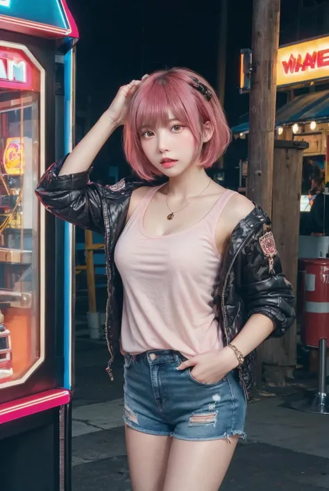 (masterpiece, best quality:1.2), beautiful, (RAW, analog, Canon 28 mm, award winning glamour photograph, realistic), fine details, 8k, uhd, realistic, photo-realistic, clear, highres, high detail, sharp focus, aesthetic, extremely detailed, max detail, elegant, sharp focus, HDR, high quality,
BREAK,
real world, (ultra detailed), intricate details, natural lights, perfect lighting, <lora:InstantPhotoX3:0.2>, <lora:add_detail:0.5>, (front view, front face, facing viewer, full shot, looking at viewer, standing, model posing:1.2),
BREAK
1girl, she is young Japanese girl, (pink hair, short hair, bangs, full body, medium tits:1.3), (extremely detailed body, extremely detailed skin), (she is wearing quilted jacket over the t-shirts, high heels, necklace, bangle:1.2),
BREAK
(Vending Arcade Concept, arcade machine, anime game, video game arcade, outdoors), (EnakoV1), <lora:EnakoV1:1>,