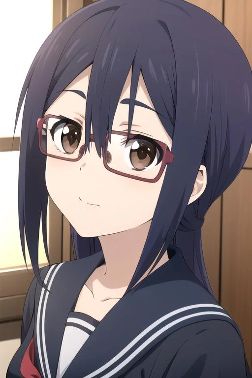 masterpiece, highres, 1girl, brown eyes,purple hair, <lora:AmiAsaiR4:0.7>,glasses AmiAsaiR4,serafuku,hair between eyes
