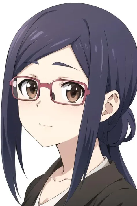 masterpiece, highres, 1girl, brown eyes,purple hair, <lora:AmiAsaiR4:0.7>, AmiAsaiR4, glasses, portrait, (white background) , ponytail