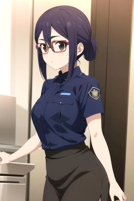 masterpiece, highres, 1girl, brown eyes,purple hair, <lora:AmiAsaiR4:0.7>, AmiAsaiR4, , police uniform, glasses,black skirt