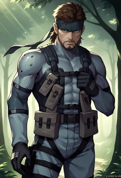 score_9, score_8_up, score_7_up, source_anime, BREAK 1boy, male focus, solo, <lora:solidsnake-pdxl-nvwls-v1:1> solidsnake, brown hair, beard, facial hair, headband, blue bodysuit, gloves, harness, belt pouch, mature male, forest, standing, parted lips, dark, darkness, shade, shaded, dappled sunlight, tree shade