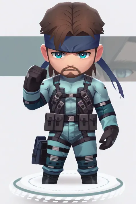 score_9, score_8_up, score_7_up, score_6_up, source_anime, BREAK 1boy, white background <lora:solidsnake-pdxl-nvwls-v1:1> solidsnake, headband, brown hair, beard, facial hair, blue bodysuit, gloves, harness, belt pouch, furrowed brow, mature male, manly <lora:chibi-nikke-richy-v1_pdxl:1> solo, chibi, standing, full body