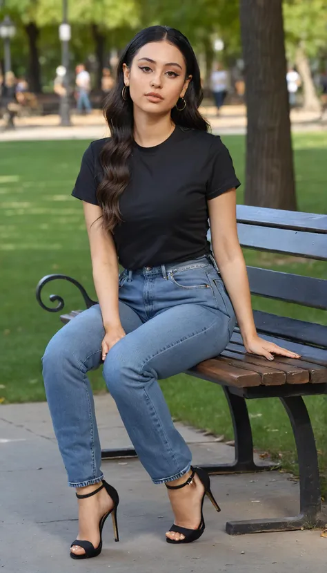 Full body photo of AlexaXL woman, wearing black t-shirt, jeans,, long hair, winged eyeliner, looking at viewer, outside in park sitting on a bench <lora:Alexa Demie XL:1>