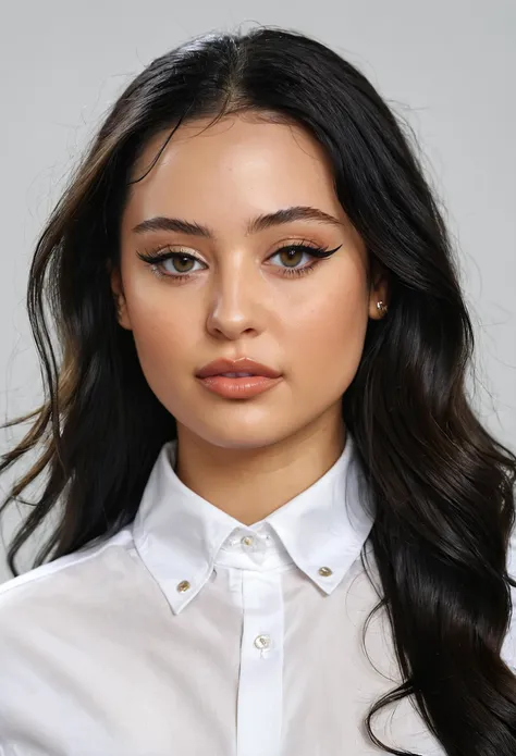 masterpiece, best quality, young woman AlexaXL, long hair, winged eyeliner, in white shirt, portrait, looking at viewer, simple background <lora:Alexa Demie XL:1>