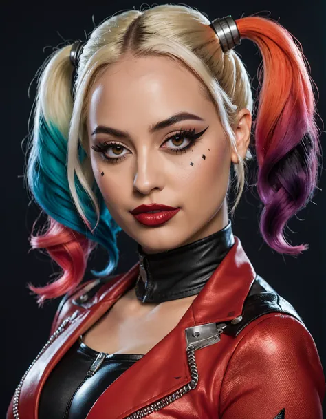 High res closeup portrait photo of AlexaXL dressed as Harley Quinn, f /2.8, Canon, 85mm,cinematic, high quality, skin texture, looking at the camera, <lora:Alexa Demie XL:0.9>