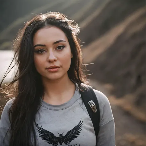 AlexaXL woman, winged eyeliner, long hair, art by Reylia Slaby, photograph, Flirty Woman, Hiking, wearing Gray Raglan shirt with Metal details, Smirking, waning light, film grain, Fujifilm XT3, 35mm, <lora:Alexa Demie XL:1>