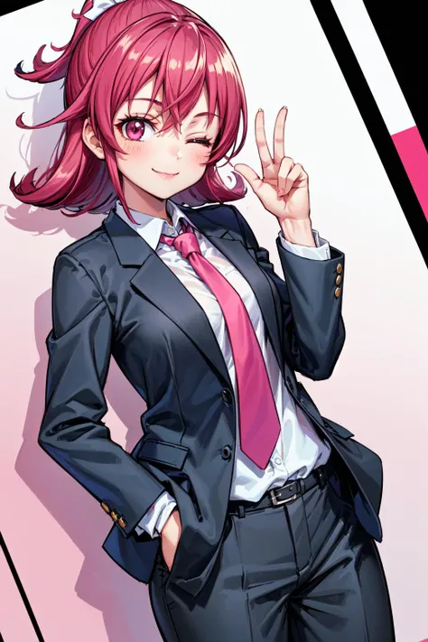 masterpiece,best quality,1girl,AidaMana,pink hair,short hair,half updo,hair ribbon,(formal,blazer,pants,pink necktie),hands in pockets,(smile,one eye closed,confident),cowboy shot,(dutch angle),<lora:Concept-control tool-add_detail-CyberAIchemist:0.8>,<lora:ChamCureHeart:0.95>,