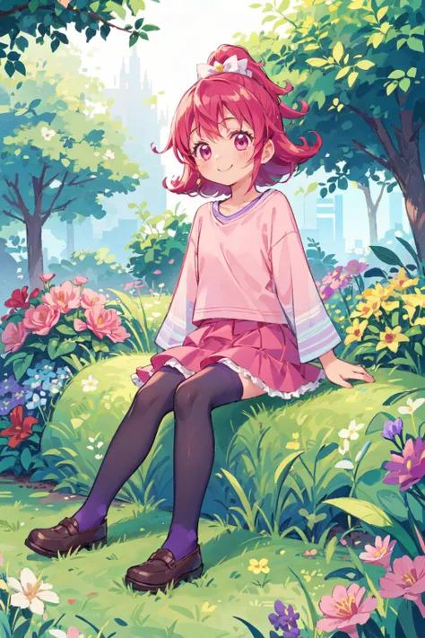 masterpiece,best quality,1girl,AidaMana,pink hair,short hair,half updo,hair ribbon,pink shirt,long sleeves,pink skirt,frilled skirt,purple thighhighs,smile,confident,sitting,garden,flower,<lora:Concept-control tool-add_detail-CyberAIchemist:0.3>,<lora:ChamCureHeart:0.95>,flower bed,
