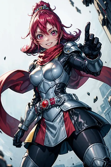 masterpiece,best quality,1girl,solo,AidaMana,pink hair,short hair,half updo,hair ribbon,kamen,kamen rider,tokusatsu,(kamen rider belt,belt:1.1),black theme,battlesuit,full armor,breastplate,shoulder armor,greaves,faulds,dress,armored dress,armored boots,scarf,(red scarf),torn scarf,wind,(smile,confident),fighting stance,action pose,attack,motion lines,motion blur,blast,shockwave,dutch angle,cowboy shot,<lora:Concept-control tool-add_detail-CyberAIchemist:0.8>,<lora:ChamCureHeart:0.95>,<lora:kamen:0.3>,