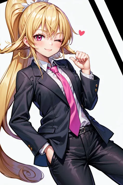 masterpiece,best quality,1girl,CureHeart,blonde hair,long hair,ponytail,long ponytail,(formal,blazer,pants,pink necktie),hands in pockets,(smile,one eye closed,confident),cowboy shot,(dutch angle),<lora:Concept-control tool-add_detail-CyberAIchemist:0.9>,<lora:ChamCureHeart:0.95>,