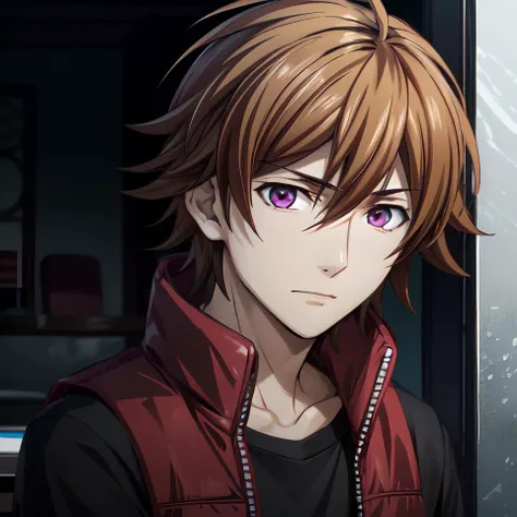 amata sora\(aquarion evol\), solo, 1boy, looking at viewer, male focus, purple eyes, brown hair, short hair, hair between eyes, vest, close-up, <lora:Amata_Sora_No_commercial_use_is_allowed_LoRA:0.5>