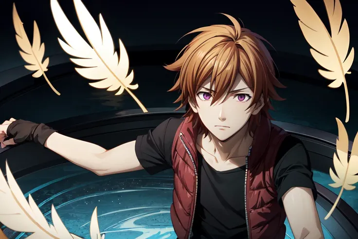amata sora\(aquarion evol\), solo, 1boy, looking at viewer, male focus, purple eyes, orange hair, short hair, hair between eyes, vest, glowing wing, floating, flying, feather, <lora:Amata_Sora_No_commercial_use_is_allowed_LoRA:0.5>