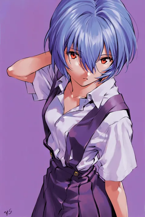 (honjou raita, mahou shoujo /(raita/)), 1girl, solo, 10yo, official art, blue hair, hair over one eye, small breast, shiny skin, groin, bikini, open shirt, side tie, necklace, bracelet, standing, side view, sideways glance, half closed eyes, contrapposto, crossed arms, shy, nervous sweating, closed mouth, mesugaki, blush, vulgarity, white background, simple background, peace sign, netorare, nsfw
