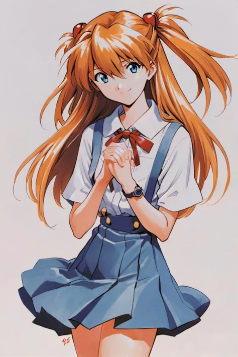 watch, wristwatch, 1girl, souryuu asuka langley, solo, long hair, school uniform, blue eyes, smile, white background, ribbon, shirt, simple background, own hands together, orange hair, short sleeves, skirt, red ribbon, neck ribbon, white shirt, bangs, hair between eyes, looking at viewer, tokyo-3 middle school uniform, signature, closed mouth, two side up, hair ornament, suspender skirt, interface headset, suspenders, traditional media, cowboy shot, interlocked fingers, blue skirt, <lora:Sadamoto Yoshiyuki_XL_V2:0.8>