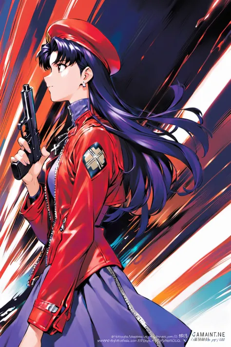 katsuragi misato, 1girl, jewelry, weapon, gun, solo, hat, earrings, handgun, holding, long hair, stud earrings, holding weapon, jacket, open clothes, necklace, profile, open jacket, long sleeves, red jacket, holding gun, bangs, beret, zipper, closed mouth, purple hair, cross, black hair, turtleneck, parted bangs, upper body, web address, dress, watermark, from side, finger on trigger, fingernails, unzipped, trigger discipline, looking away, cross necklace, red headwear, uniform, cowboy shot, dutch angle, <lora:Sadamoto Yoshiyuki_XL_V2:0.8>