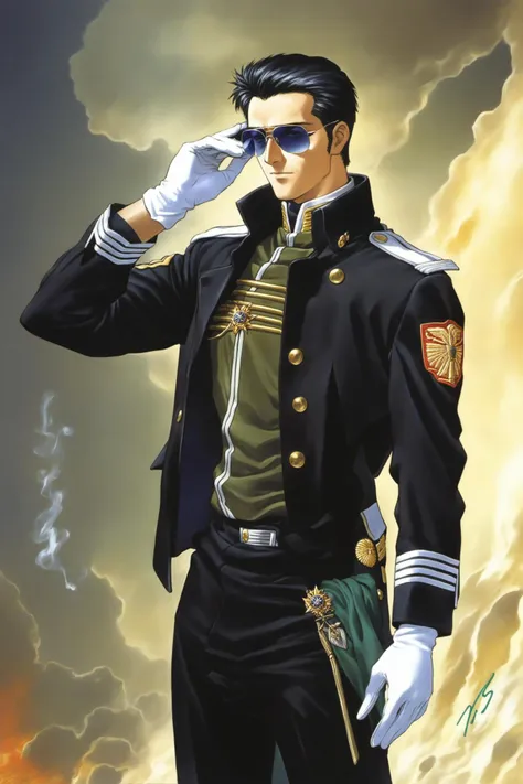 male focus, 1boy, solo, gloves, black hair, white gloves, smoke, adjusting eyewear, uniform, military, jacket, standing, sunglasses, glasses, long sleeves, arm at side, pants, signature, military uniform, artist name, black jacket, open clothes, black pants, <lora:Sadamoto Yoshiyuki_XL:0.8>