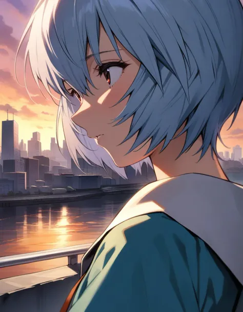 masterpiece, best quality, great quality, good quality, aesthetic, very aesthetic, absurdres, 1girl, ayanami rei, tokyo-3 middle school uniform, depressive city on background, neon genesis evangelion <lora:Sadamoto Yoshiyuki_XL_V3:0.4>, detailed hair, closeup face, sunset