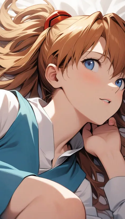 masterpiece, best quality, great quality, good quality, aesthetic, very aesthetic, absurdres, 1girl, souryuu asuka langley, tokyo-3  uniform, lying, neon genesis evangelion <lora:Sadamoto Yoshiyuki_XL_V3:0.4>, (open mouth:0.5), detailed hair, (closeup face:0.8)