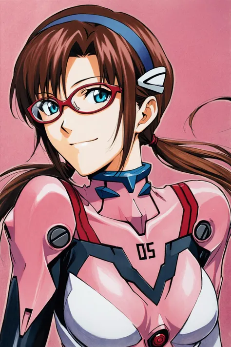1girl,makinami mari illustrious,pink bodysuit,plugsuit,solo,glasses,bodysuit,blue eyes,long hair,brown hair,twintails,hairband,smile,upper body,traditional media,<lora:Sadamoto Yoshiyuki_XL_V3:0.8>,