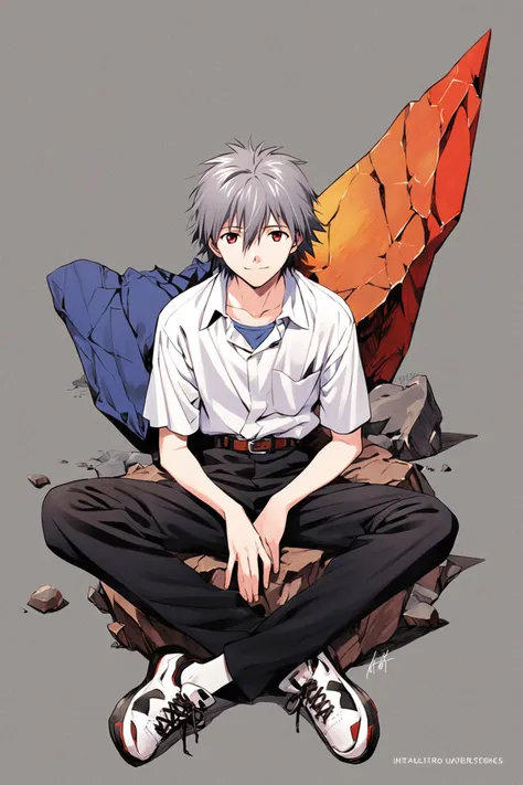 1boy,male focus,solo,nagisa kaworu,shirt,sitting,red eyes,rock,pants,white shirt,shoes,collared shirt,black pants,hair between eyes,short sleeves,closed mouth,grey hair,white footwear,belt,sneakers,looking at viewer,collarbone,own hands together,bangs,watermark,ikari shinji,signature,artist name,smile,school uniform,grey background,light smile,<lora:Sadamoto Yoshiyuki_XL_V3:0.8>,