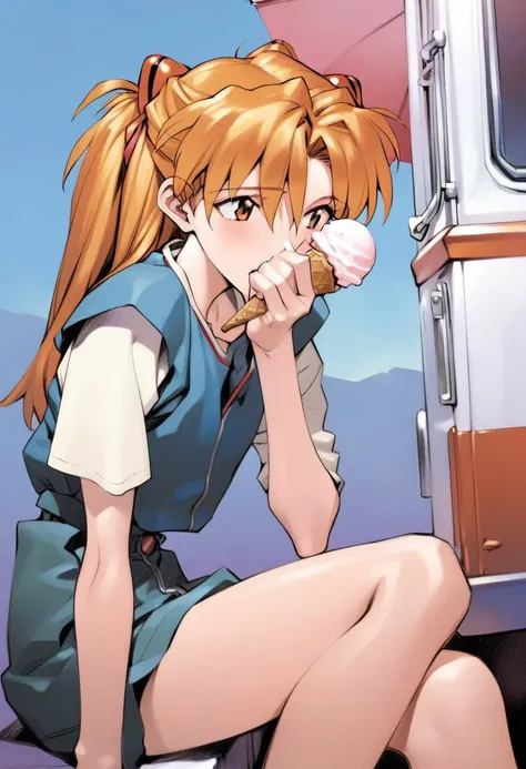 Closeup. 1girl, souryuu asuka langley, bored expression, holding ice cream cone, sitting beside an ice cream truck, masterpiece, the best quality, very aesthetic, absurdres <lora:Sadamoto Yoshiyuki_XL:1>