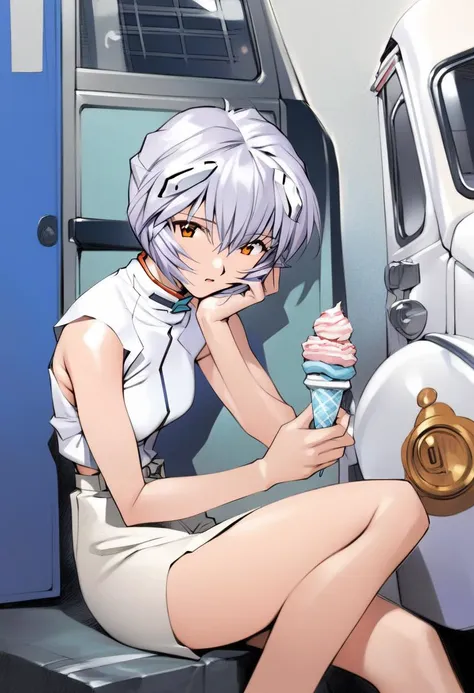 Closeup. 1girl, ayanami rei, bored expression, holding ice cream cone, sitting beside an ice cream truck, masterpiece, the best quality, very aesthetic, absurdres <lora:Sadamoto Yoshiyuki_XL:1>