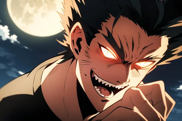 garou, anime, one punch, 1boy, male focus, solo, moon, night, full moon, glowing eyes, teeth, glowing, sky, open mouth, sharp teeth, yellow eyes, smile, spiked hair, tongue, night sky, black hair, cloud, outdoors, clenched hands, upper body, looking at viewer, <lora:Garou:0.8>